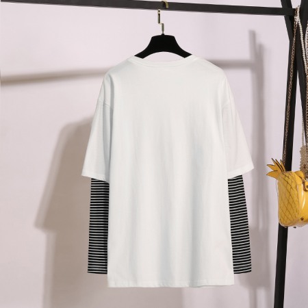 Plus Size Women's Striped Stitching Printing Long-Sleeved T-Shirt Women